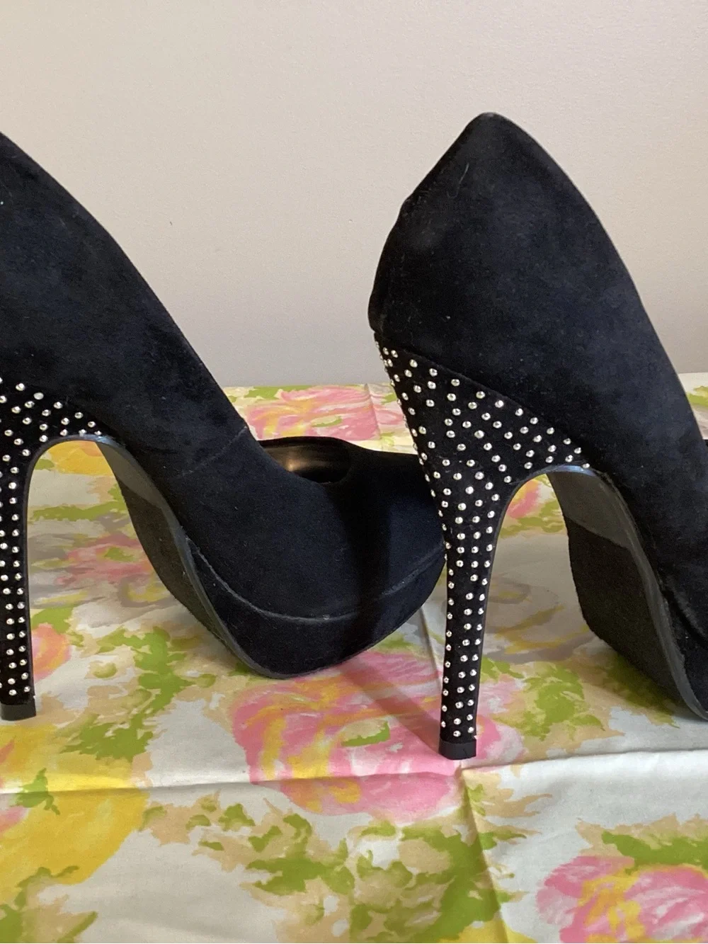 Black Suede Platform High Heels with Studded Stiletto